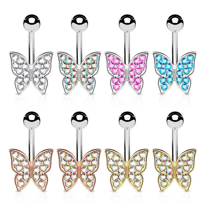 Joia para o umbigo com borboleta e brilhantes incrustados