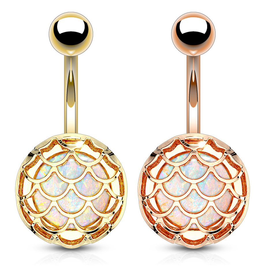 Umbigo piercing com pedra opala embutida num desenho de escamas