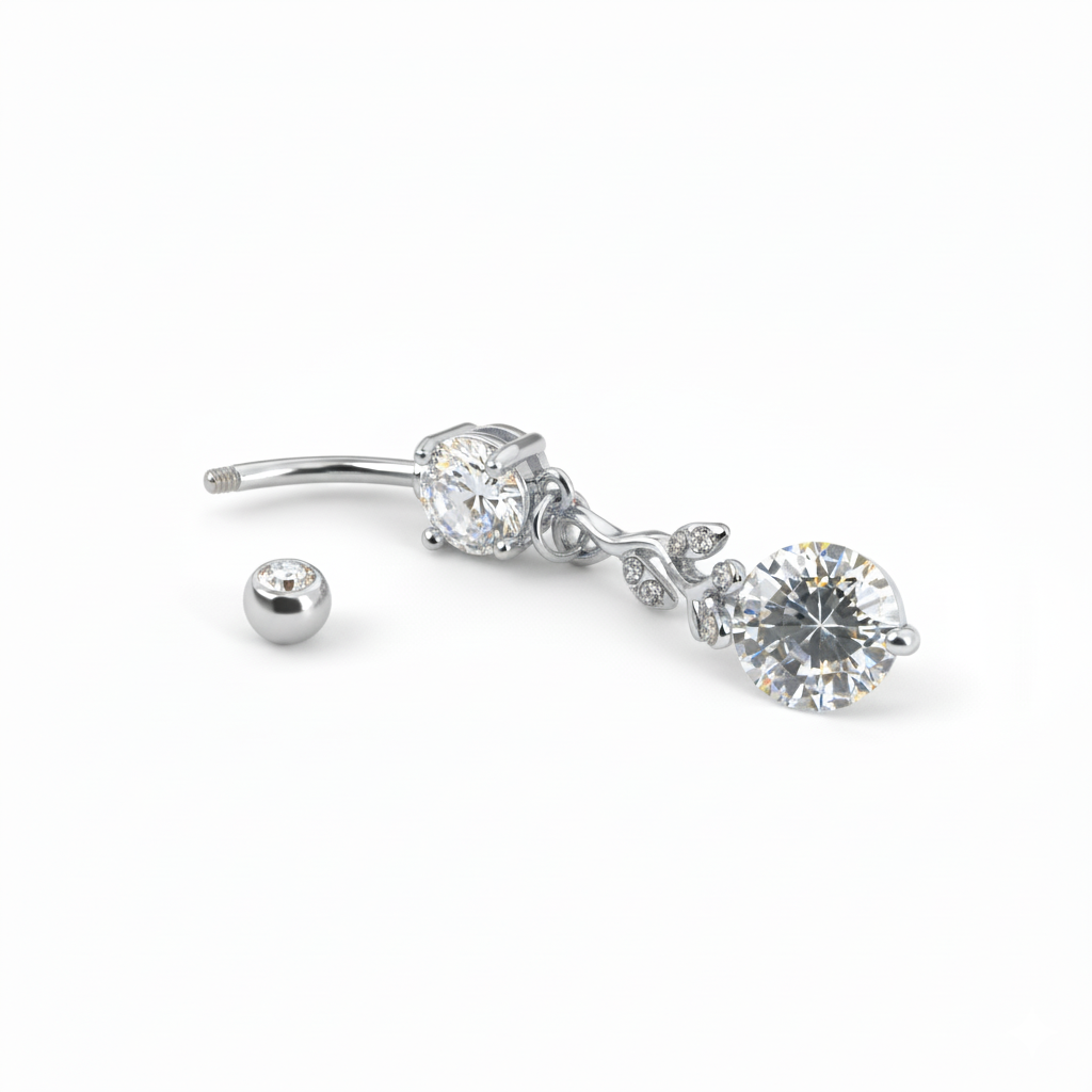 Umbigo piercing com pendente de rama de folhas e brilhantes