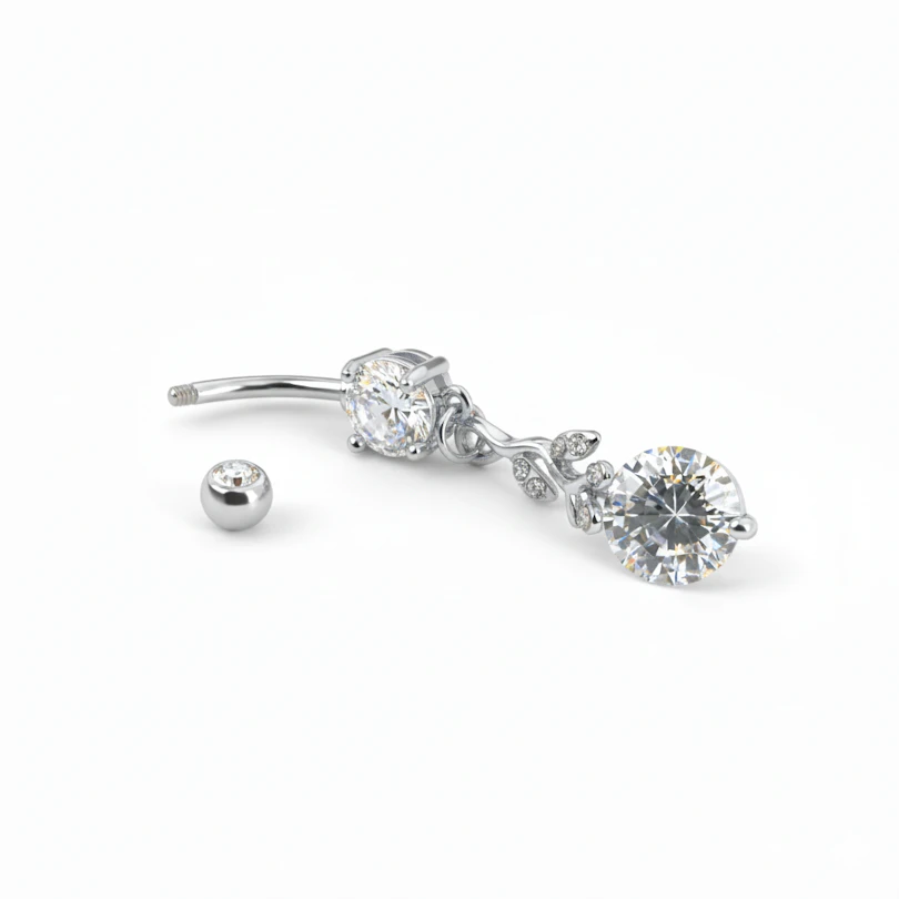 Umbigo piercing com pendente de rama de folhas e brilhantes