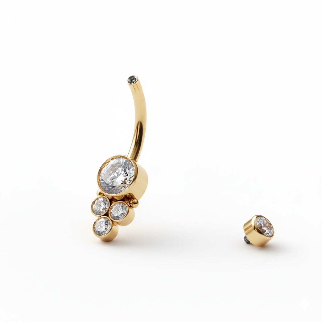 Joia para umbigo em titânio com rosca interna e pedras redondas