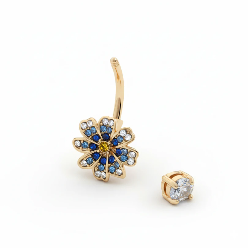 Barbell para o umbigo com flor azul