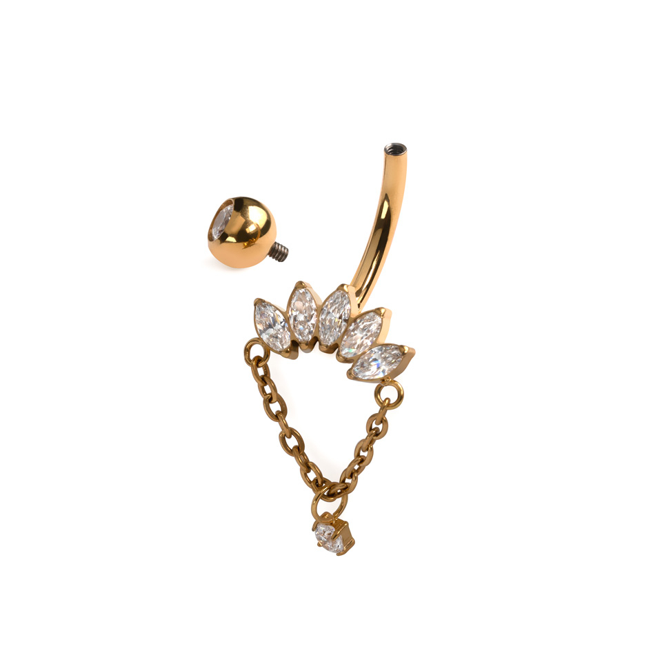 Joia para o umbigo em titânio com pedras marquesa e corrente