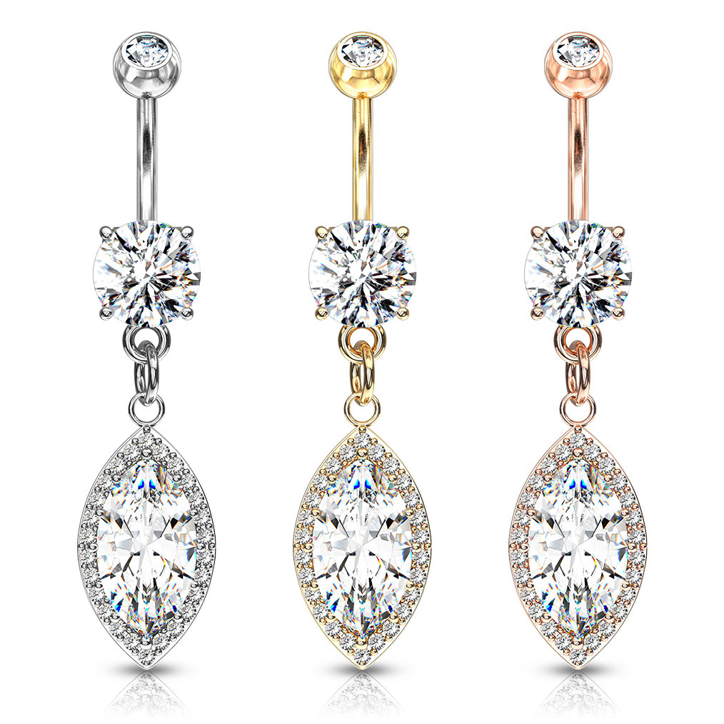Umbigo piercing com pendente de pedra marquise