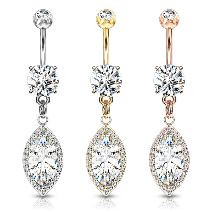 Umbigo piercing com pendente de pedra marquise