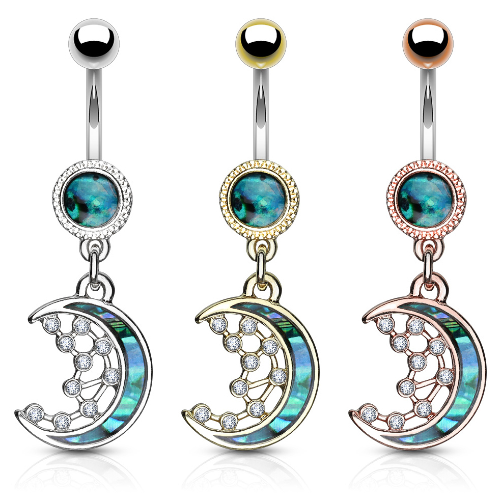 Umbigo piercing com lua crescente e estrelas