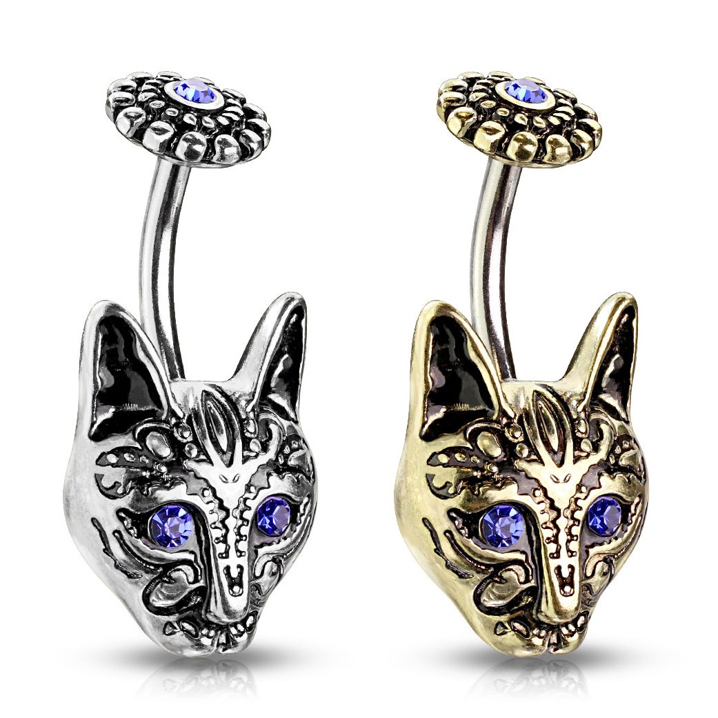 Umbigo piercing com gato tribal e olhos azuis