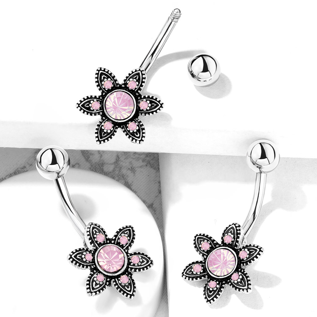 Umbigo piercing com flor e opala redonda