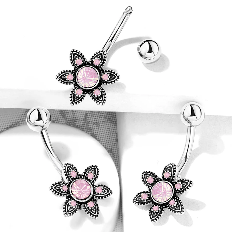 Umbigo piercing com flor e opala redonda