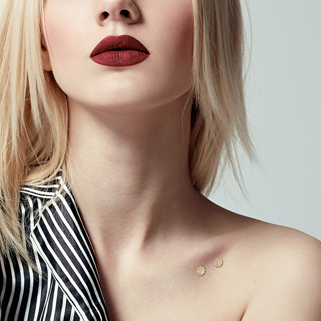 Microdermal floral de ouro 14 quilates com múltiplas pedras