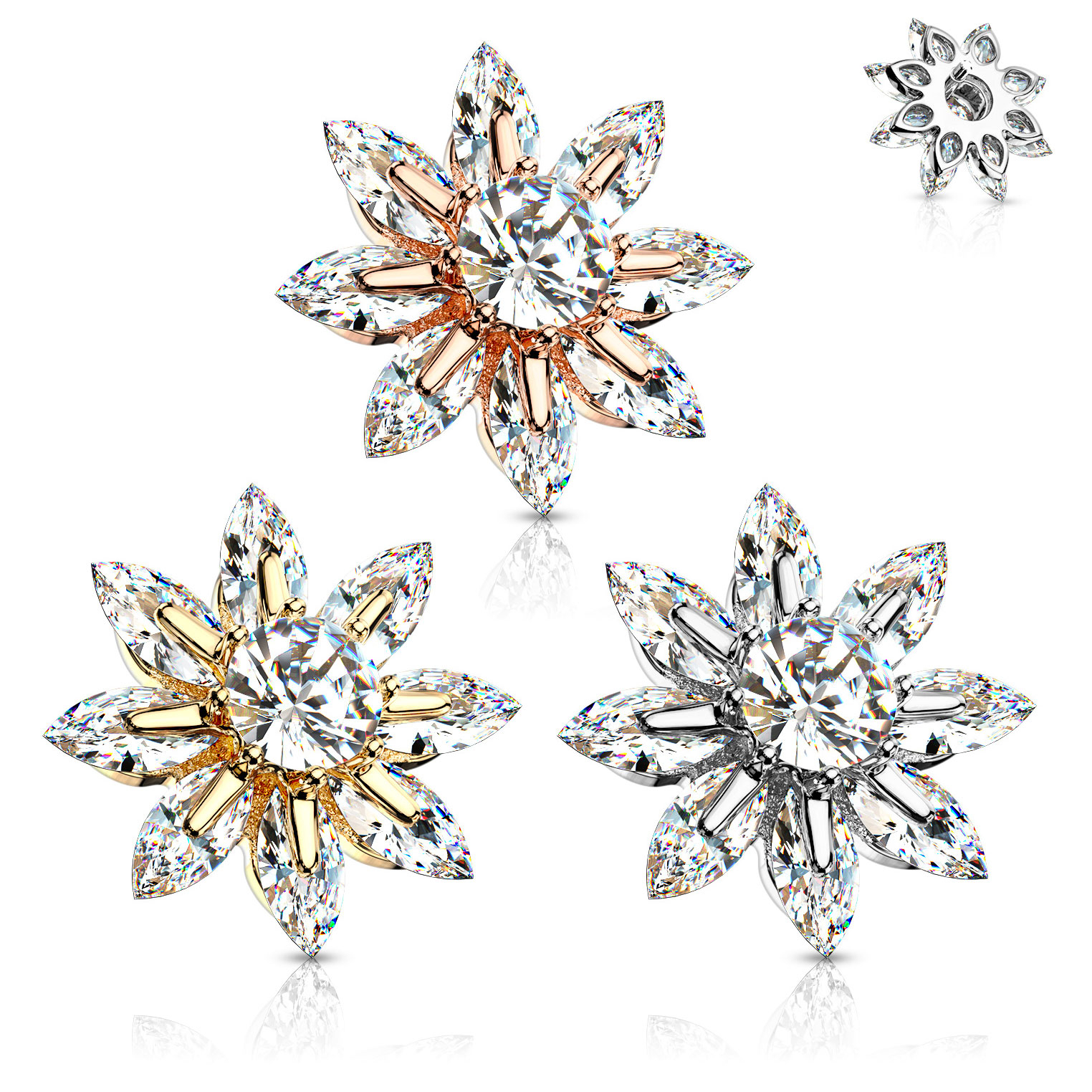 Microdermal floral com pétalas em pedra e gema central