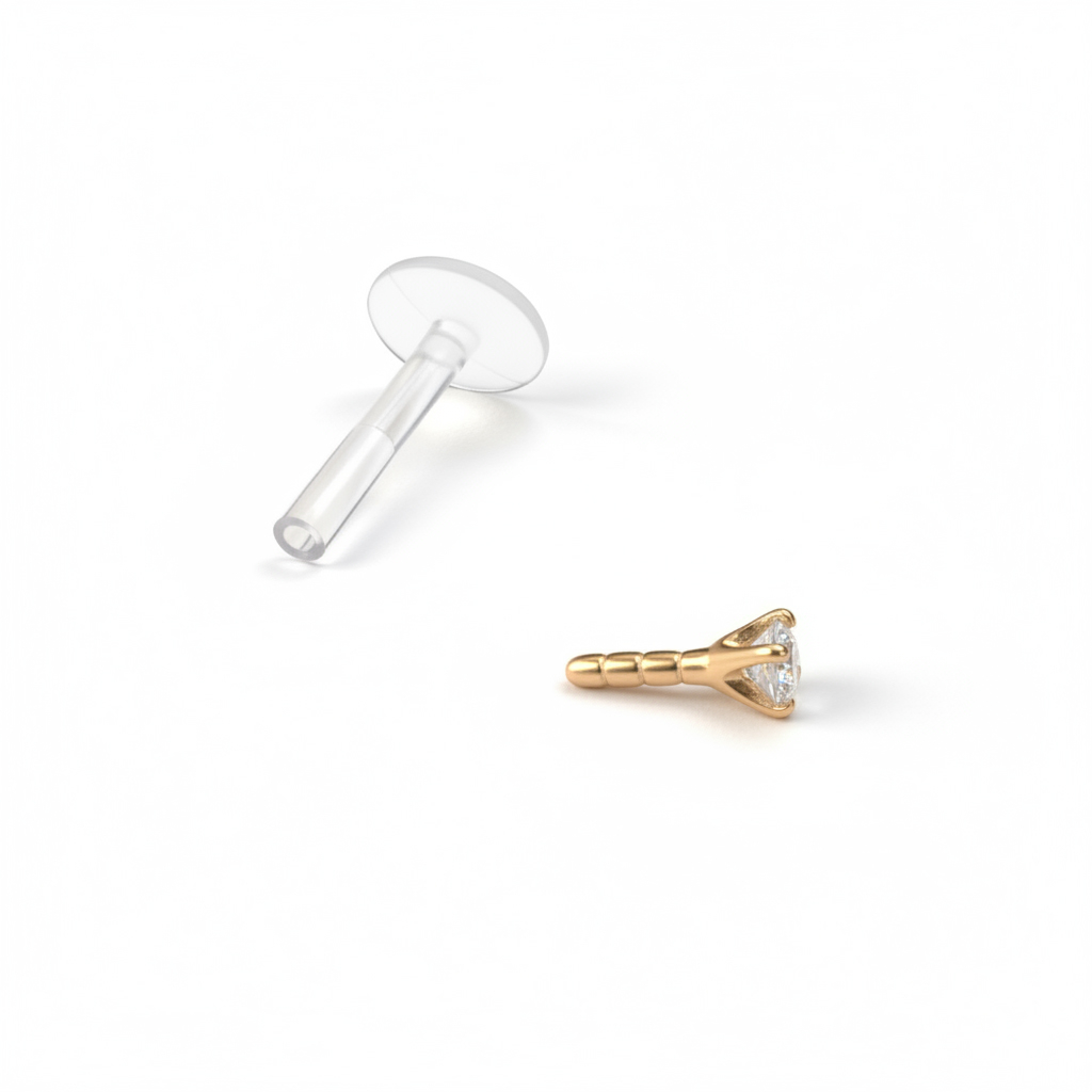 Labret em ouro de 14 quilates com brilhante redondo e barra ptfe