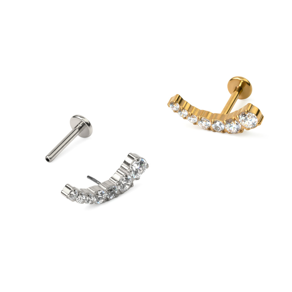 Labret de encaixe em titânio com topo em arco e pedras