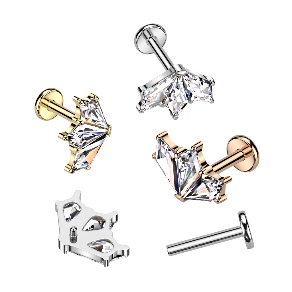 Labret de titânio com conjunto de três pedras em leque