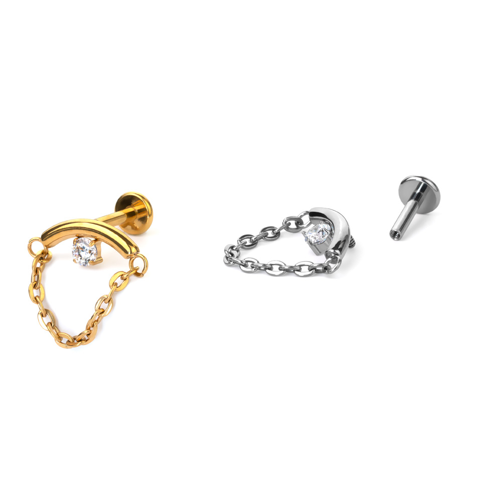 Labret oculto para o helix com pedra e corrente