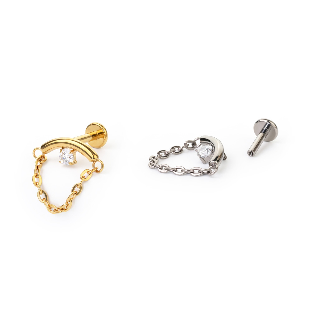 Labret oculto para o helix com pedra e corrente