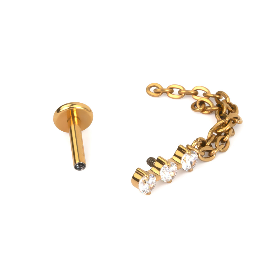 Labret em titânio com 3 pedras e 2 correntes