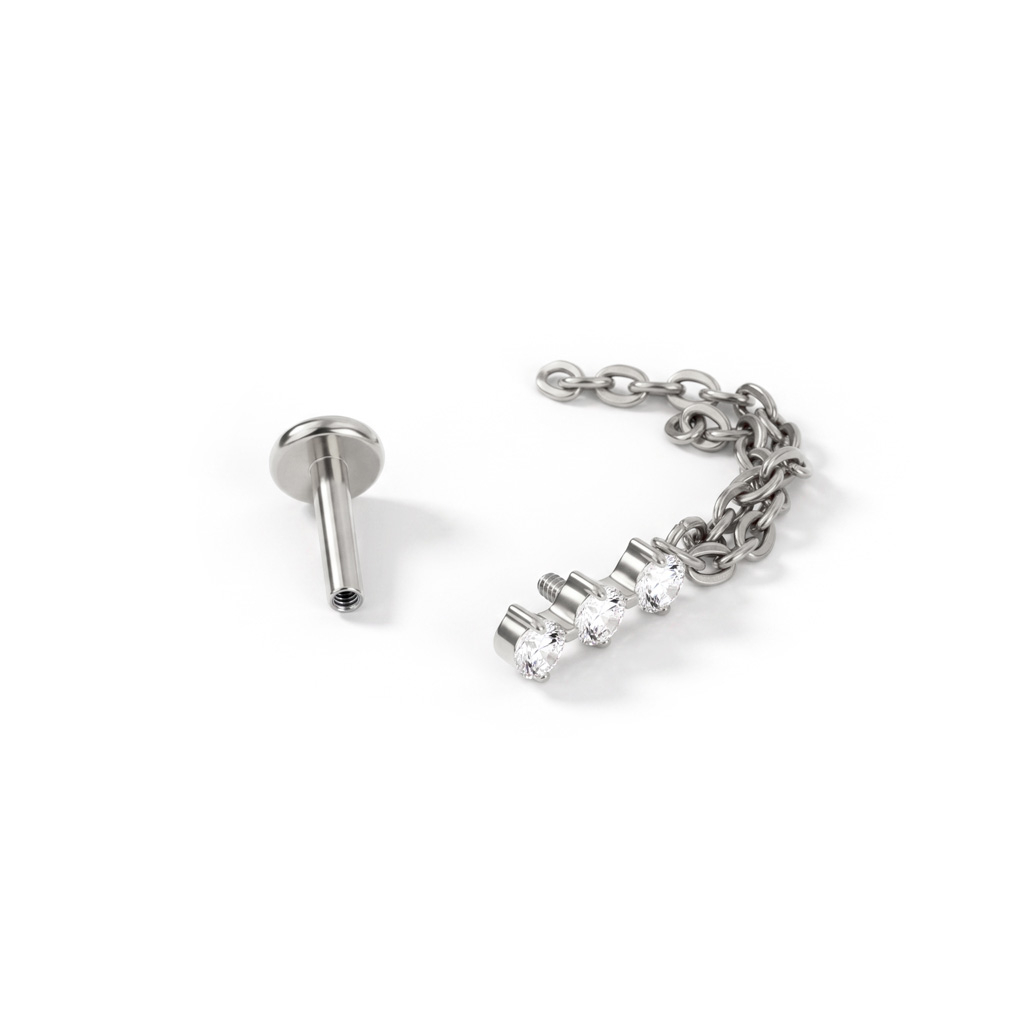 Labret em titânio com 3 pedras e 2 correntes