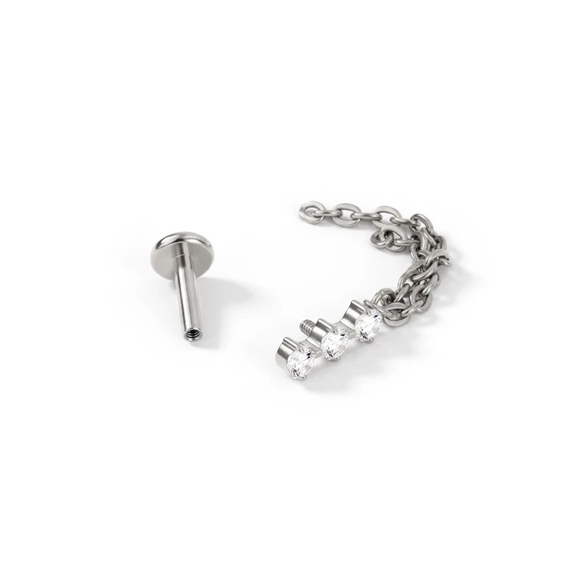 Labret em titânio com 3 pedras e 2 correntes