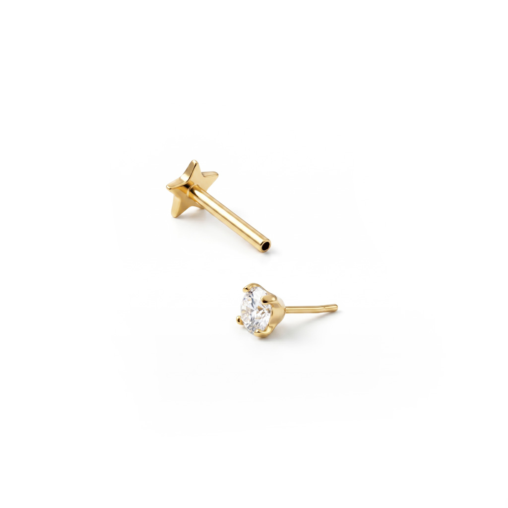 Labret em titânio de encaixe com dois lados: traseira plana em estrela e pedra no topo
