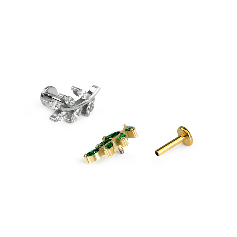 Labret de titânio em forma de folha com gemas