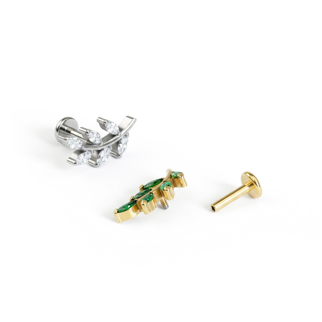 Labret de titânio em forma de folha com gemas
