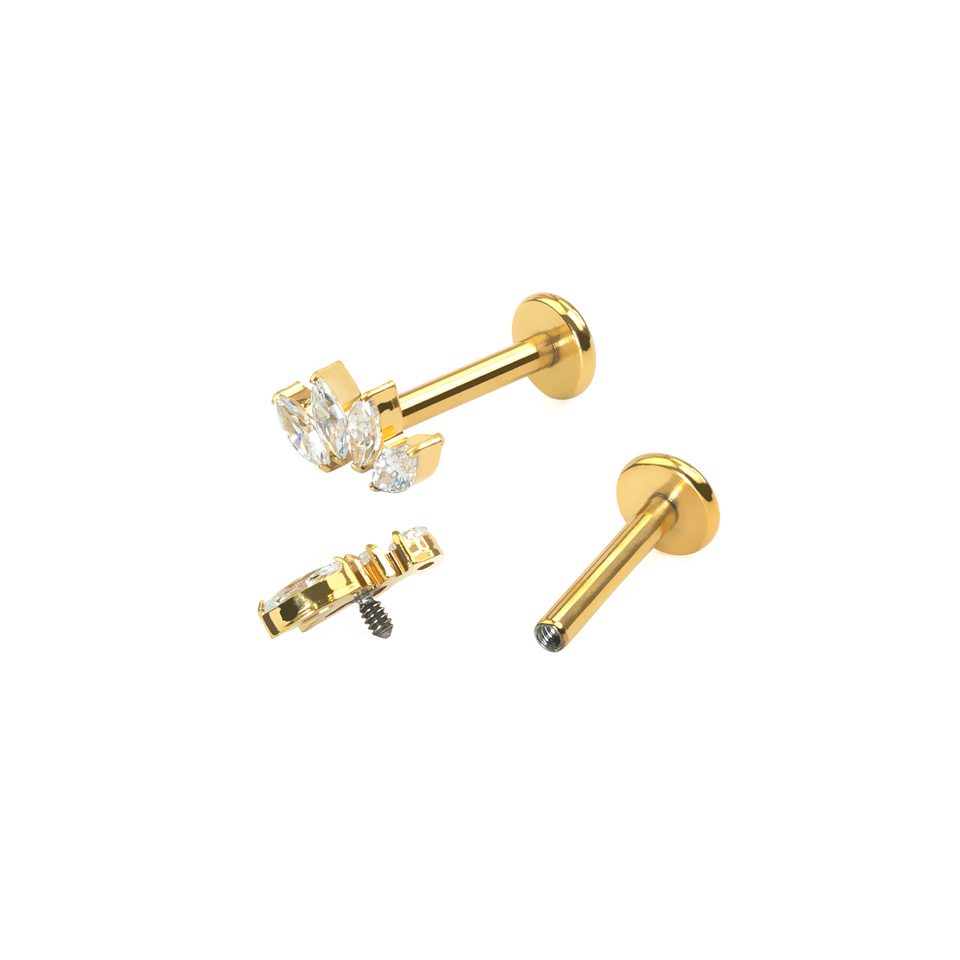 Labret em titânio com quatro pedras em corte marquesa