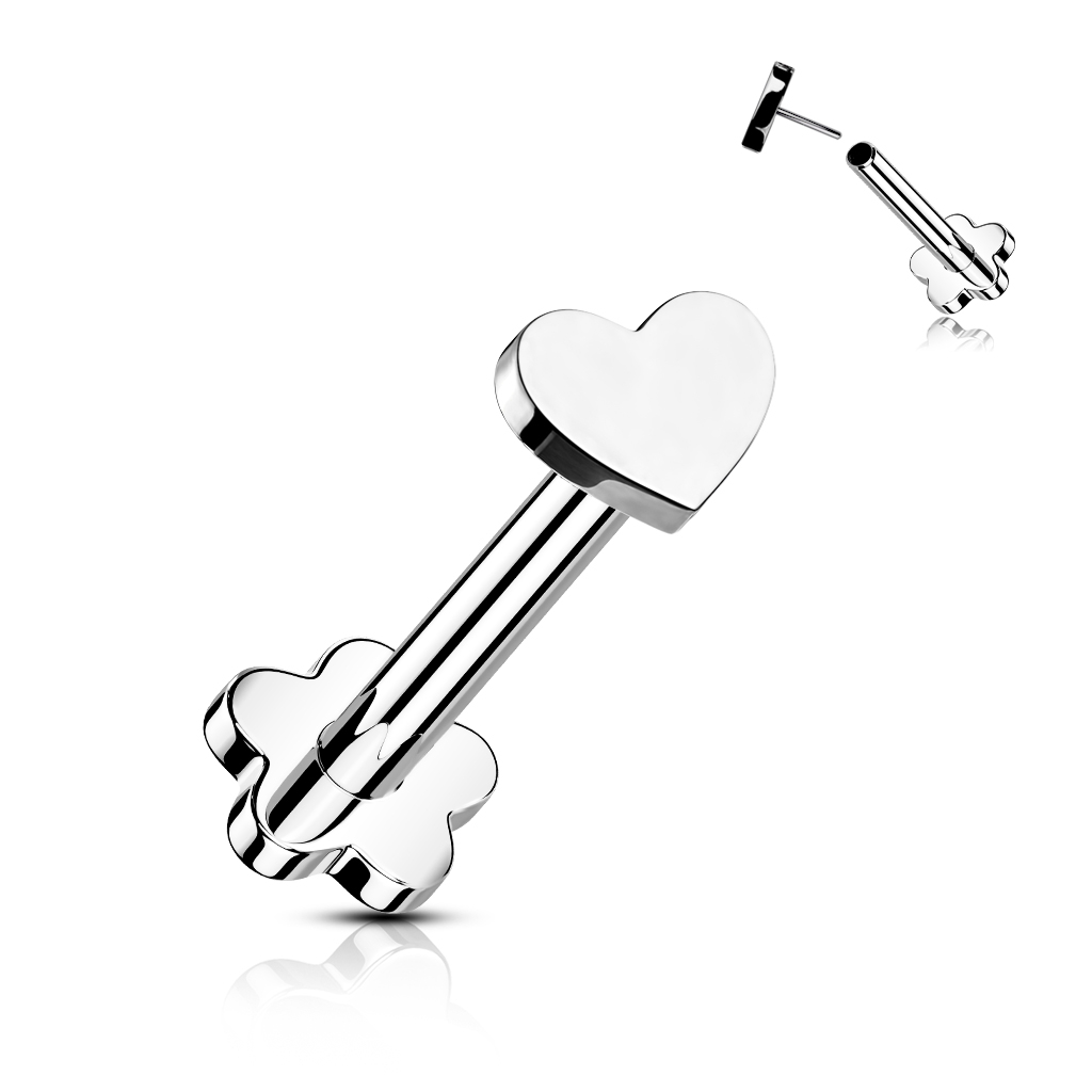 Labret em titânio com dois topos: flor e coração