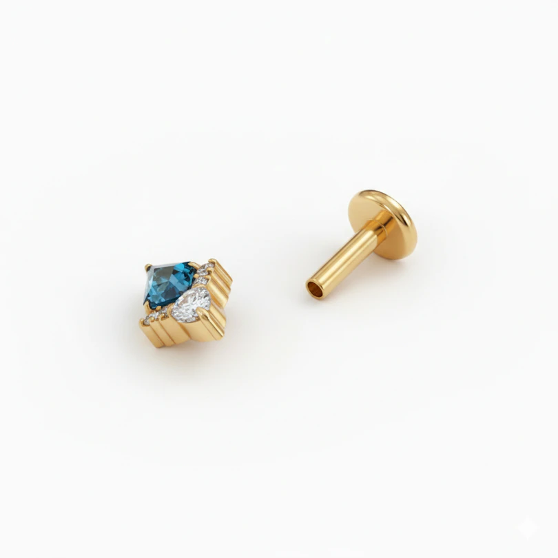 Labret de titânio em forma de diamante com pedra azul