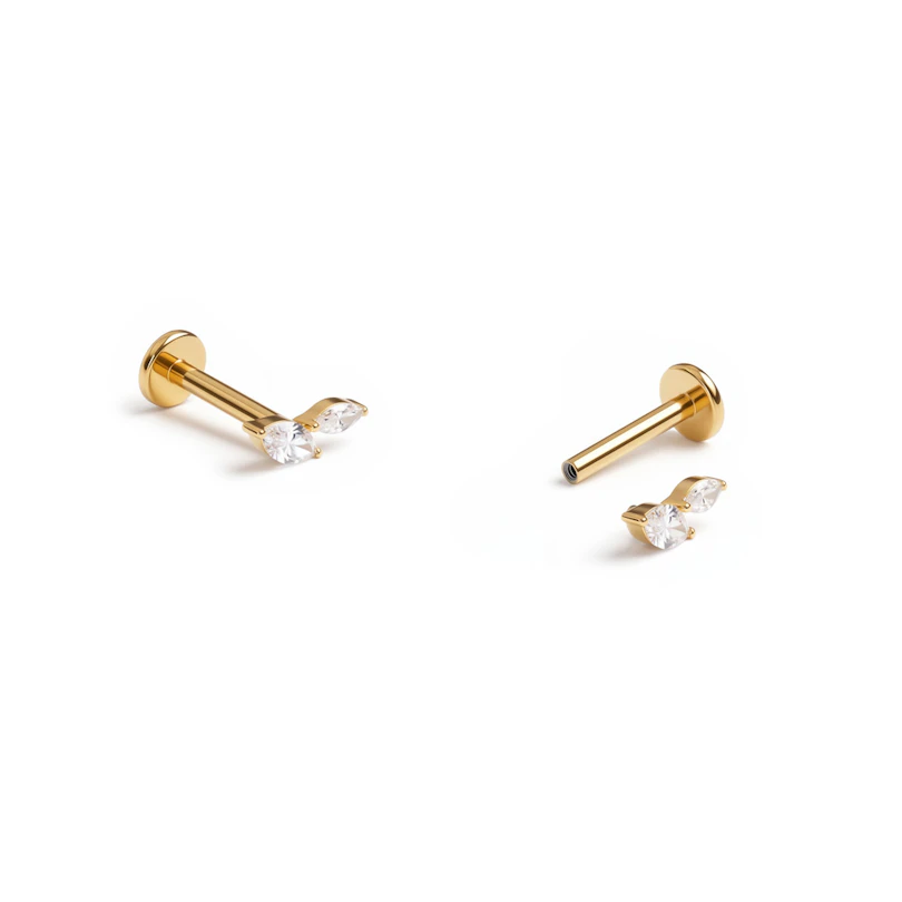 Labret em titânio com duas pedras em corte marquesa