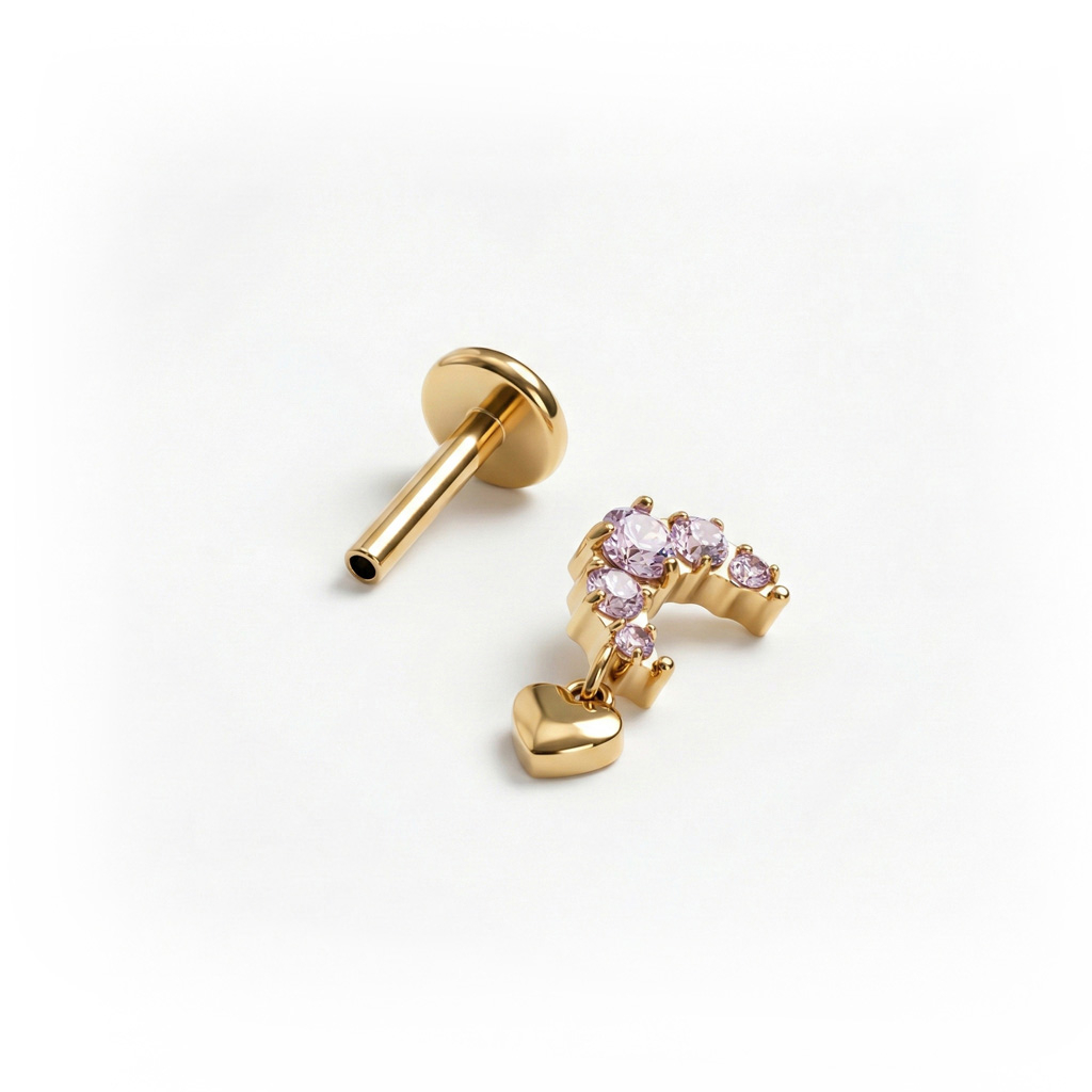 Labret de titânio em forma de lua com pedras rosa