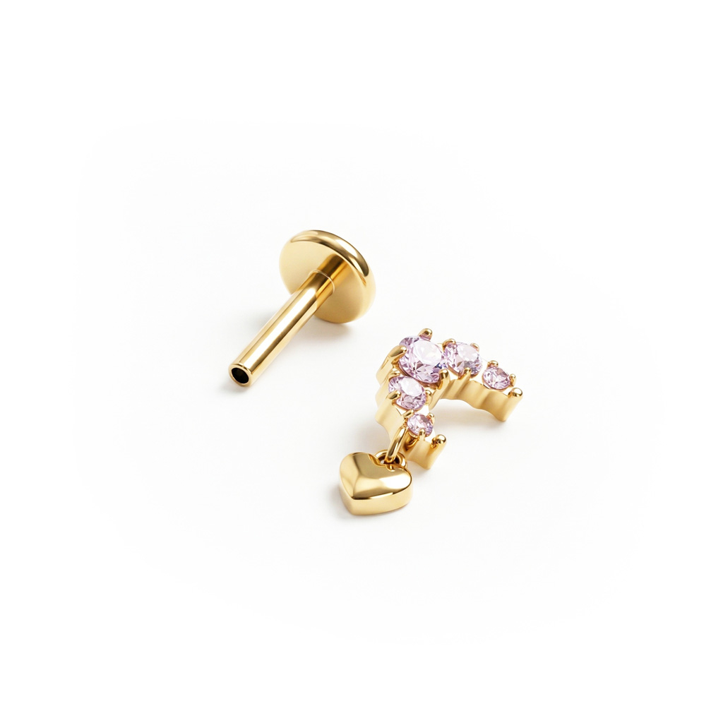 Labret de titânio em forma de lua com pedras rosa