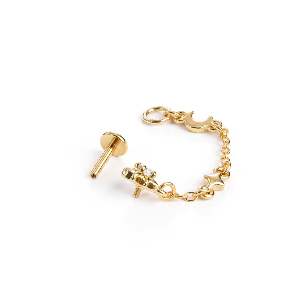 Labret com estrela e lua decorada com corrente