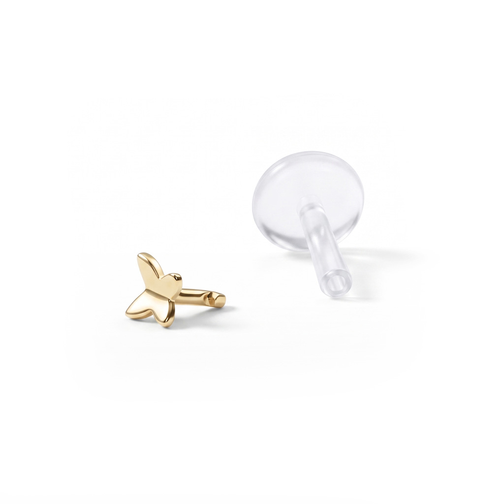 Labret de borboleta de ouro 14 quilates com barra de ptfe