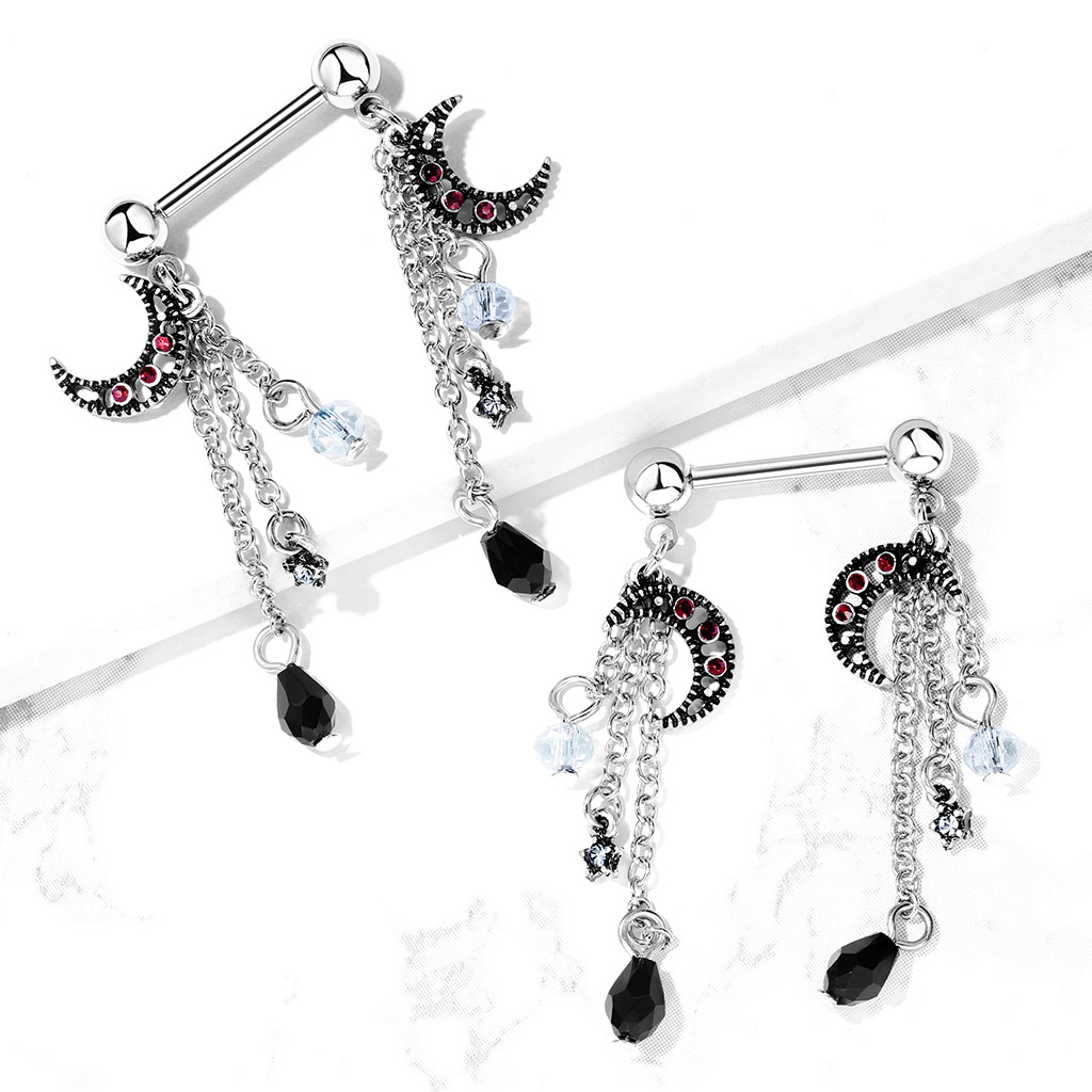 Mamilo piercing com pendente de estrelas e luas