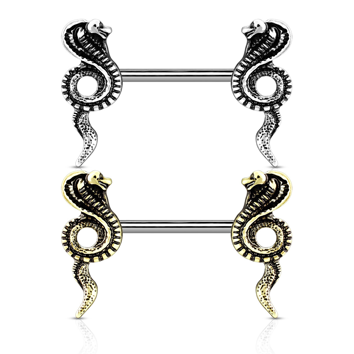 Mamilo piercing com cobras nas extremidades