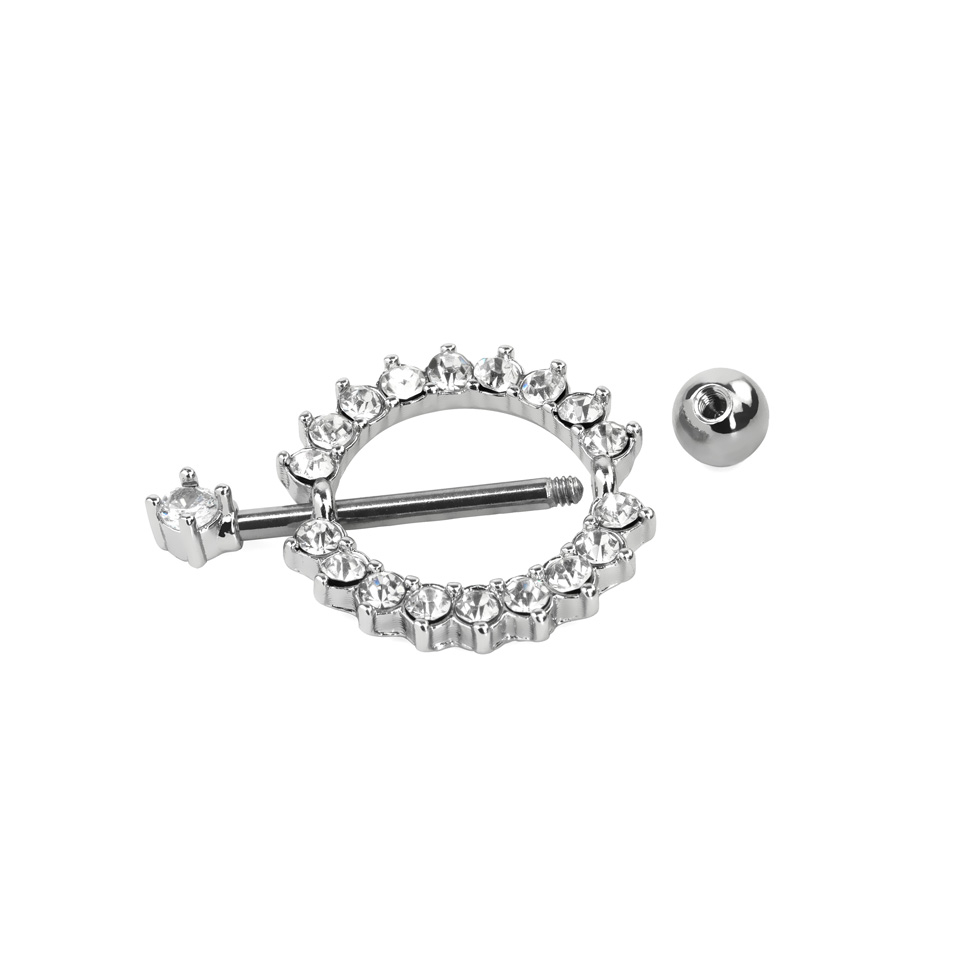Mamilo piercing com escudo redondo e pedra claras