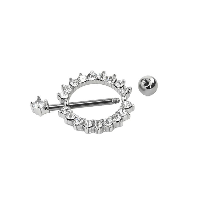 Mamilo piercing com escudo redondo e pedra claras