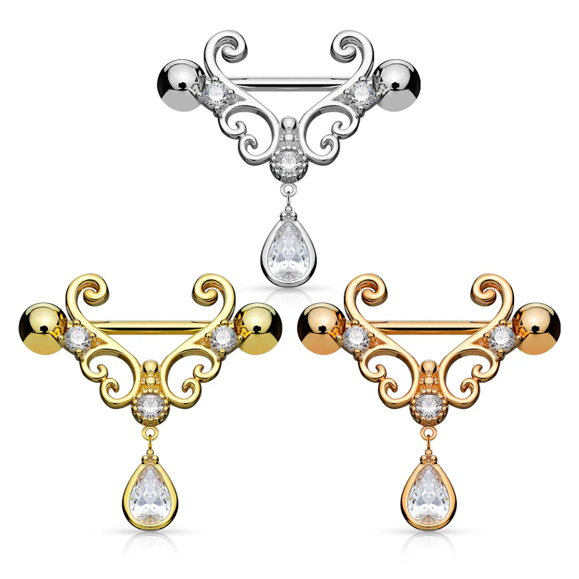 Mamilo piercing com formato de corações e pedras