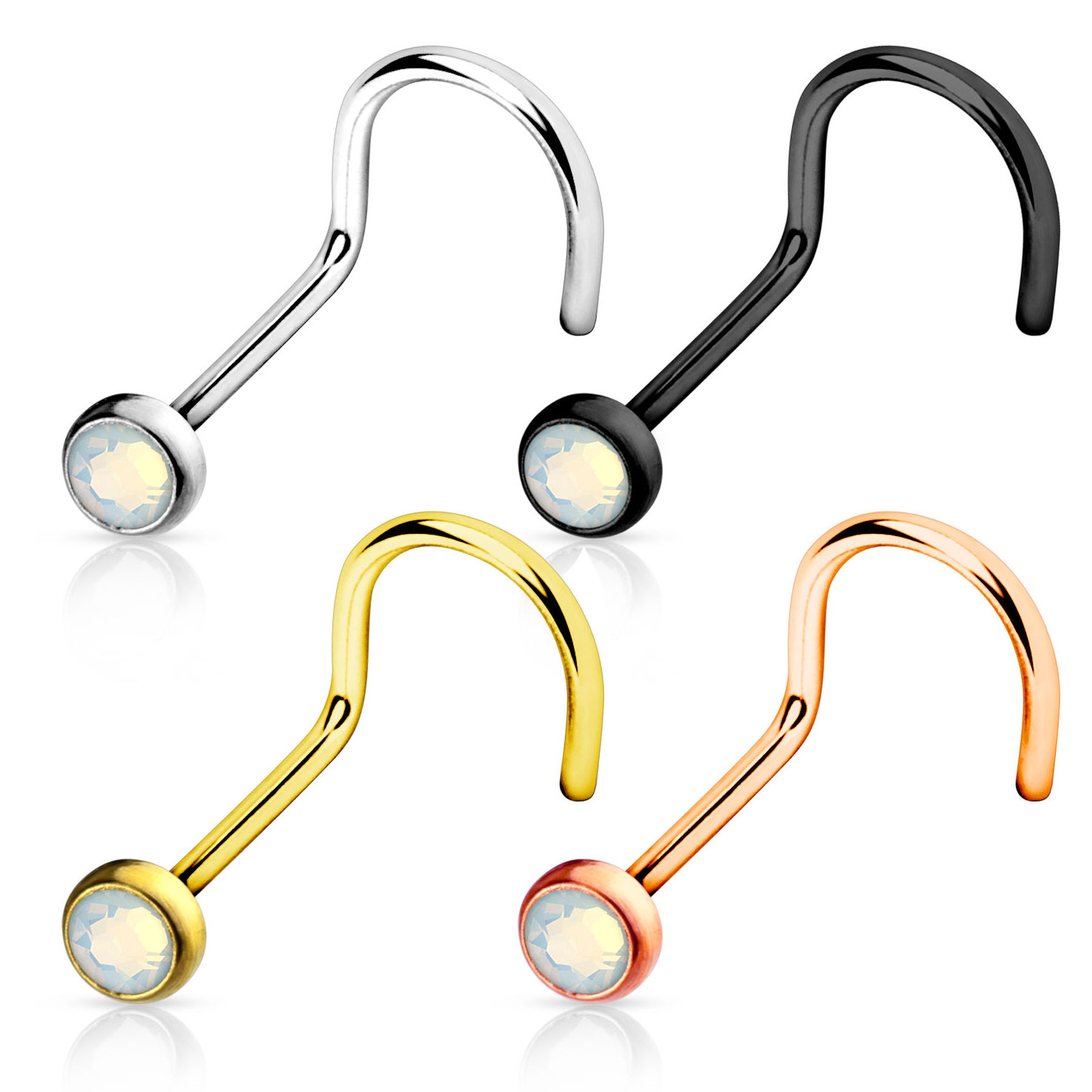 Nariz piercing em cores diferentes com uma pedra opala