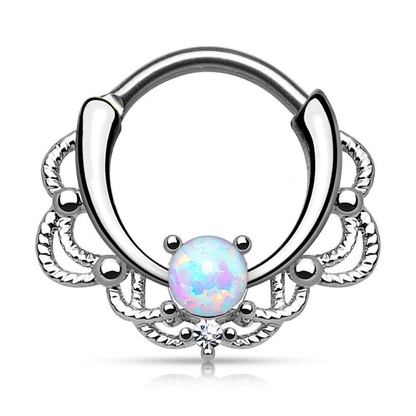 Septo piercing com pedra opala e desenho de corrente