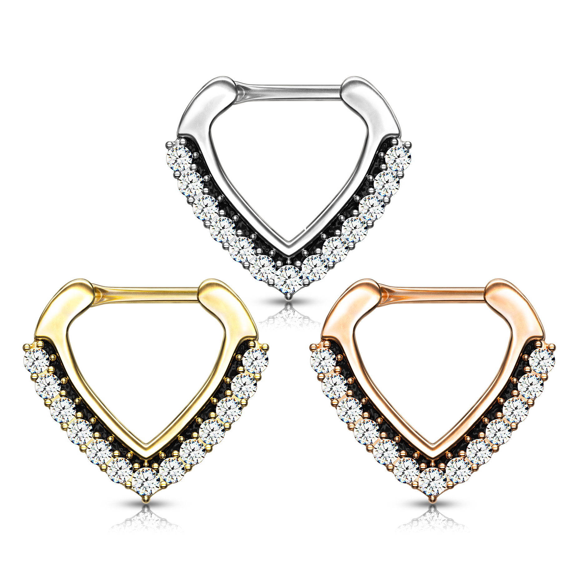 Septo piercing com forma de V cravejada de pedra macia