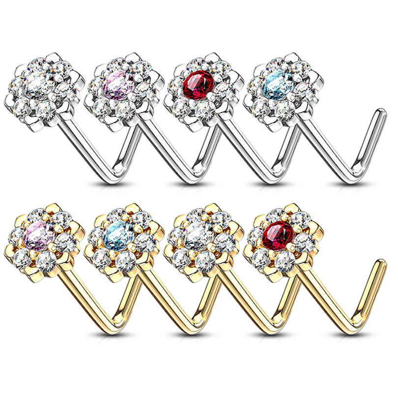 Nariz piercing de ouro 14 quilates com flor de lótus e brilhantes