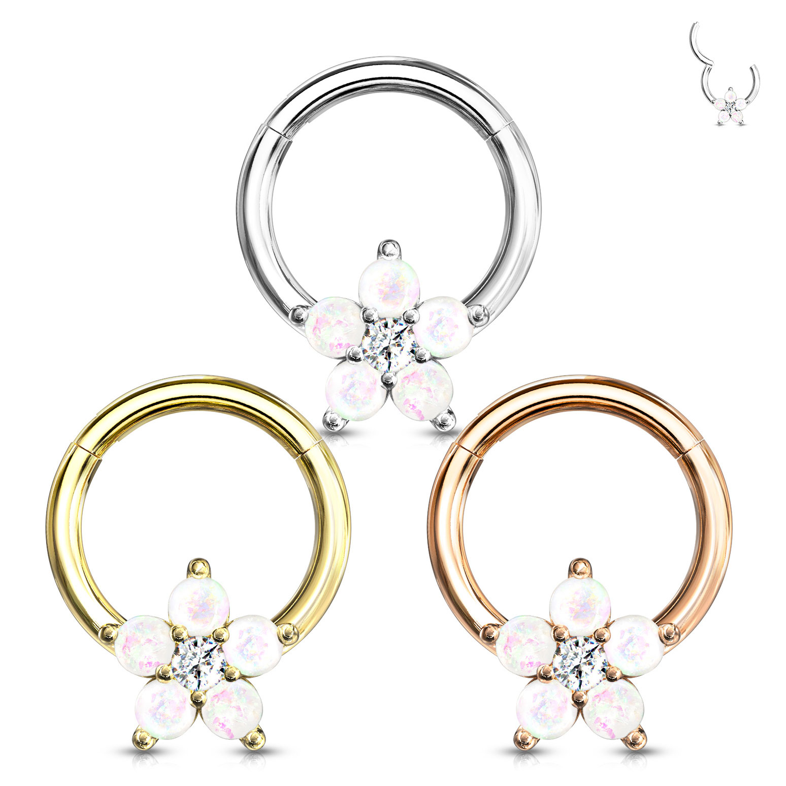 Argola articulada com flor de opalas