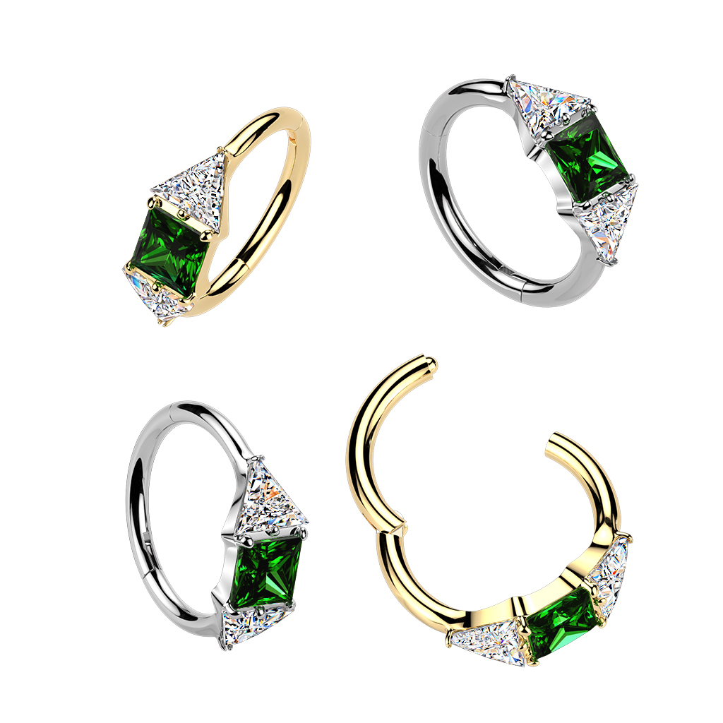 Argola em titânio com pedra verde no centro