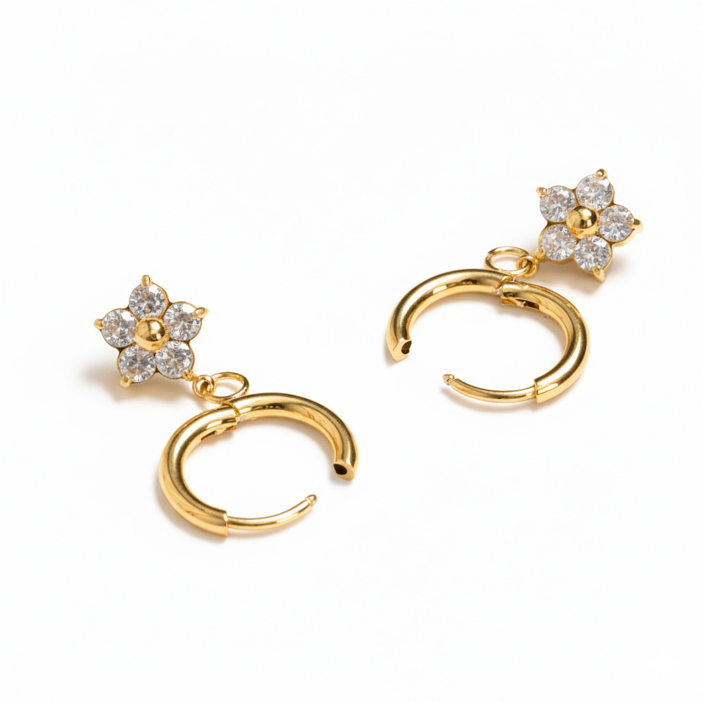 Par de argolas com flor pendente