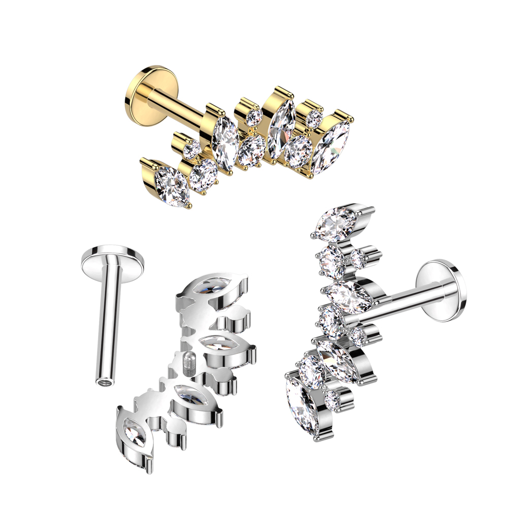 Labret em titânio com pedras em corte marquesa e redondo