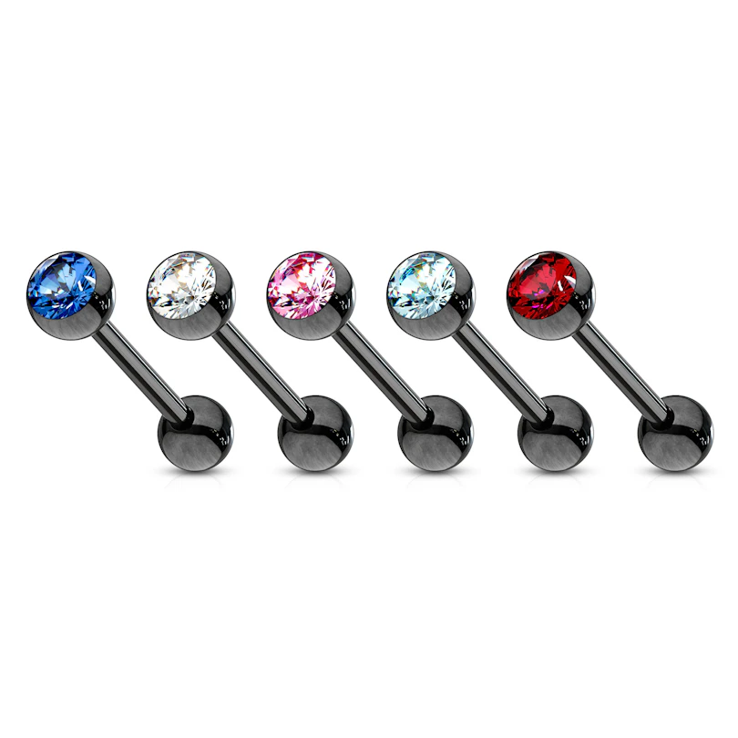 Barbell para a língua preto com pedra colorida