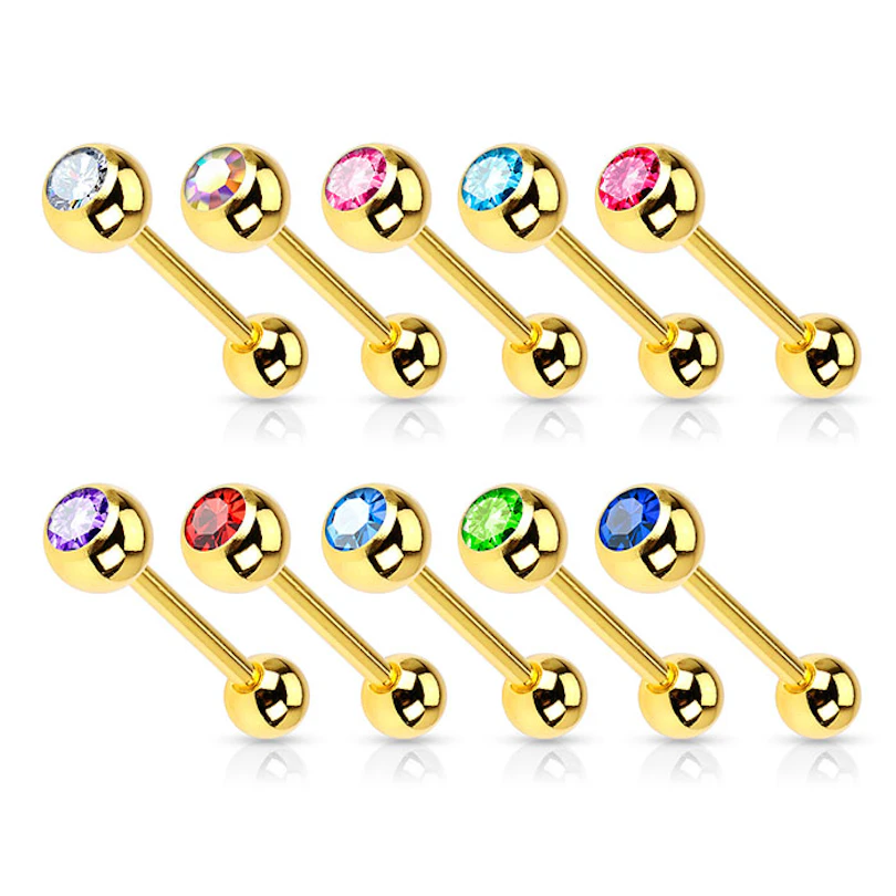 Língua piercing banhado a ouro com várias pedras coloridas