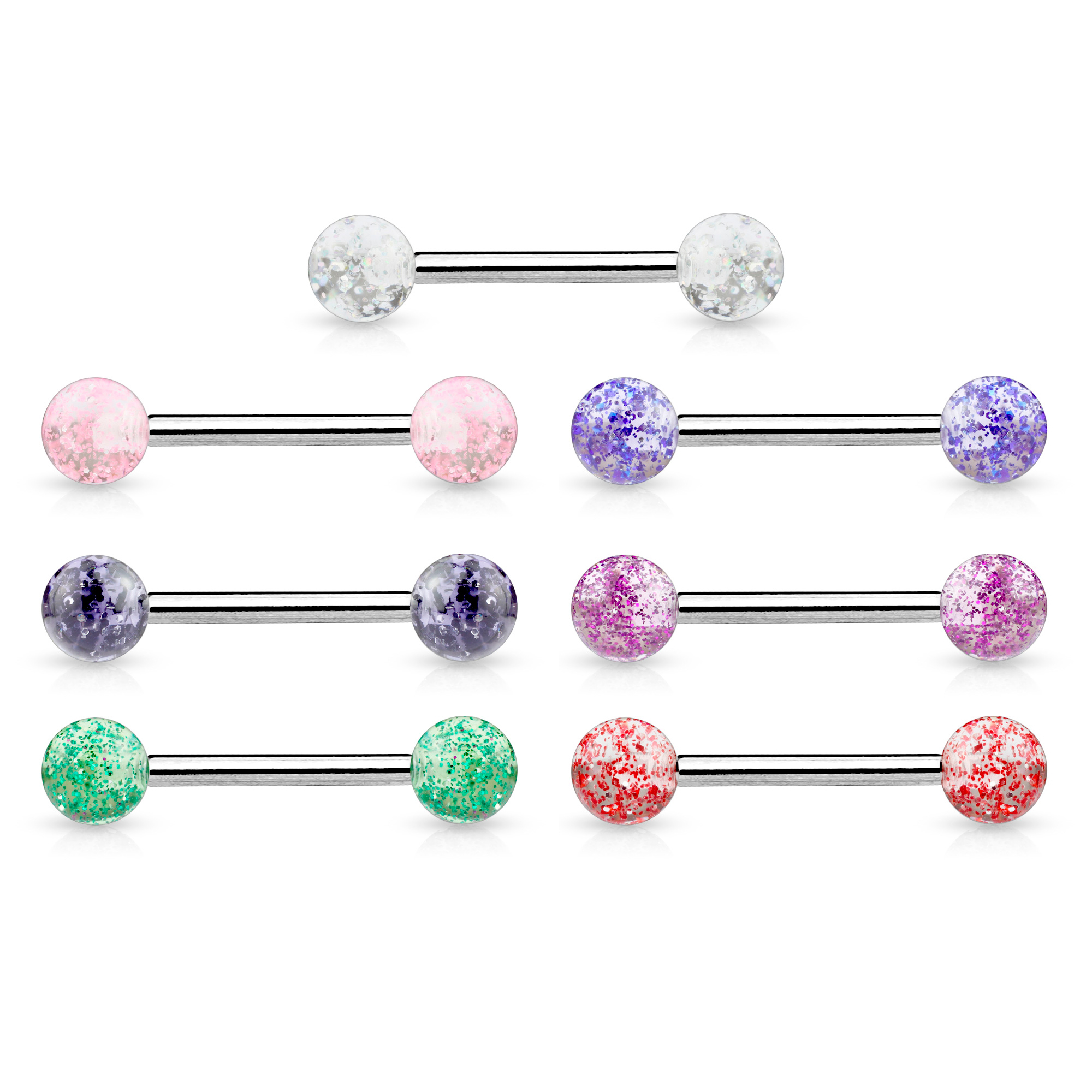 Língua Barbell de titânio com bolas de glitter
